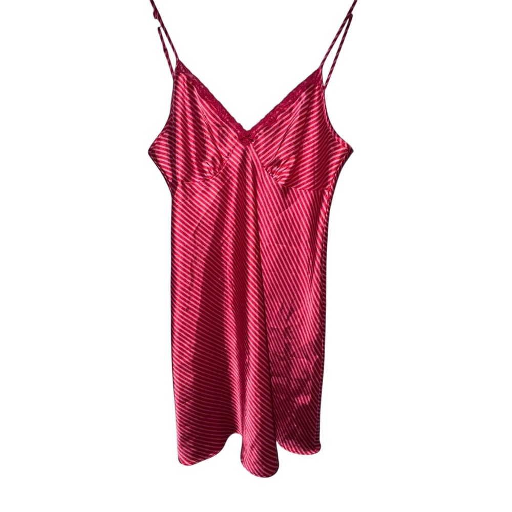 Y2K Red Satin Slip Dress Lace Trim Lingerie Core Mini Striped 2000s romantic M - Picture 3 of 5